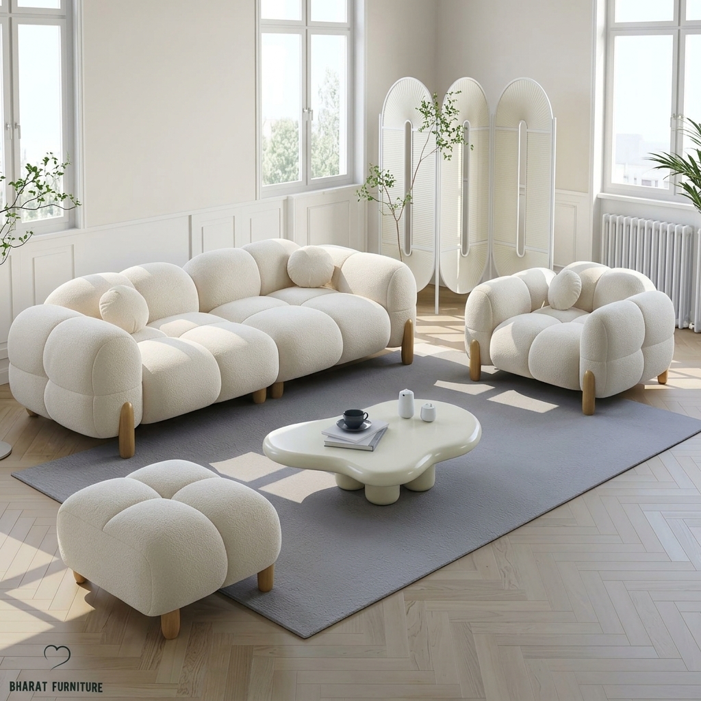 Juego de Sala Marshmallow Bouclé con Patas de Madera, Salas & Cocinas